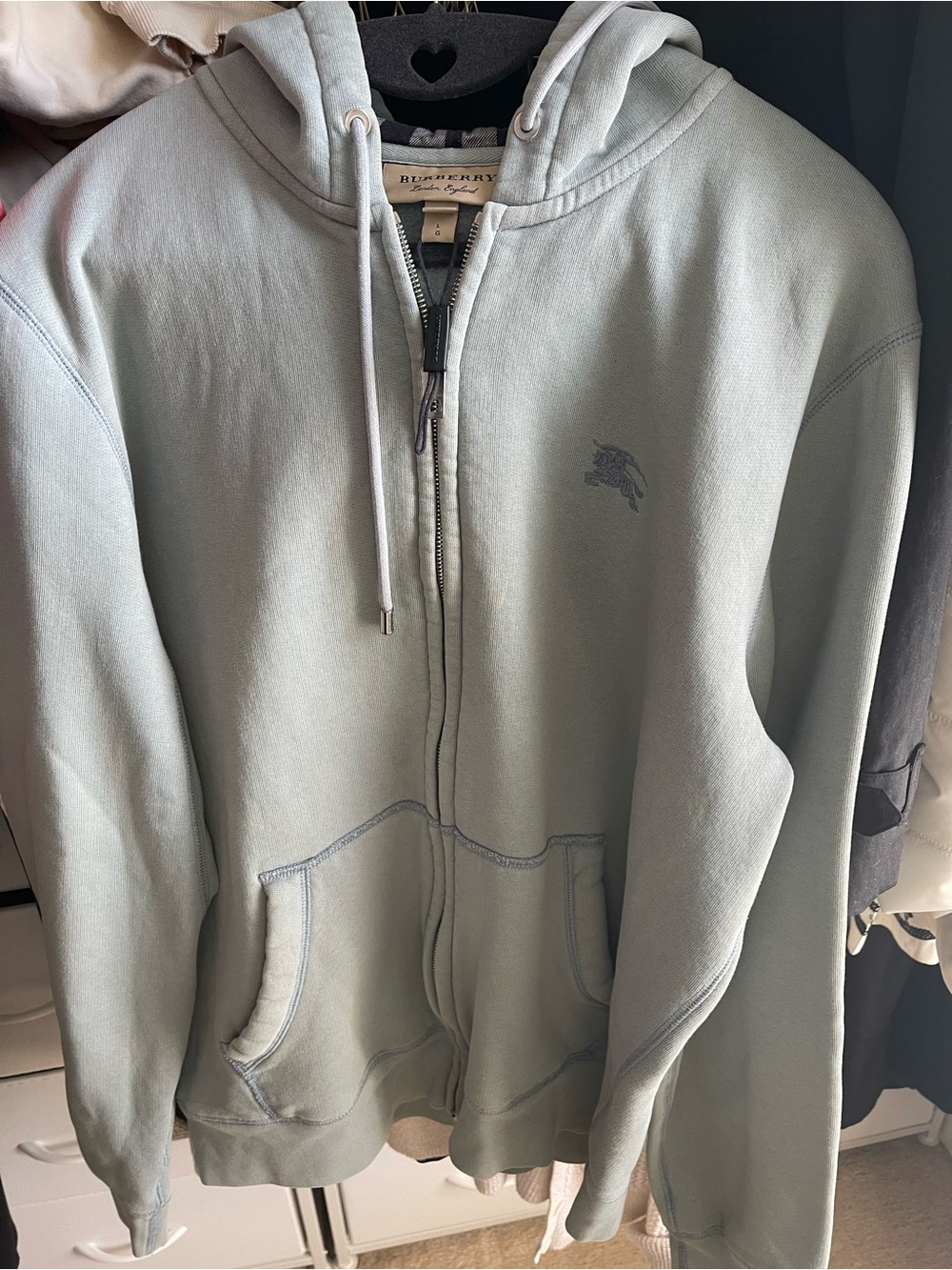 Burberry Men's Zip Hoodie in Sage Green